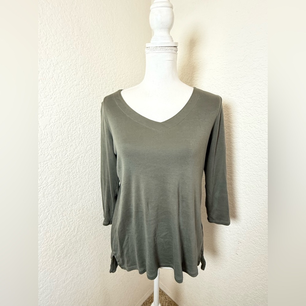 J. Jill Shirt Top Womens Small Green 3/4‎ Sleeve V Neck Pullover
